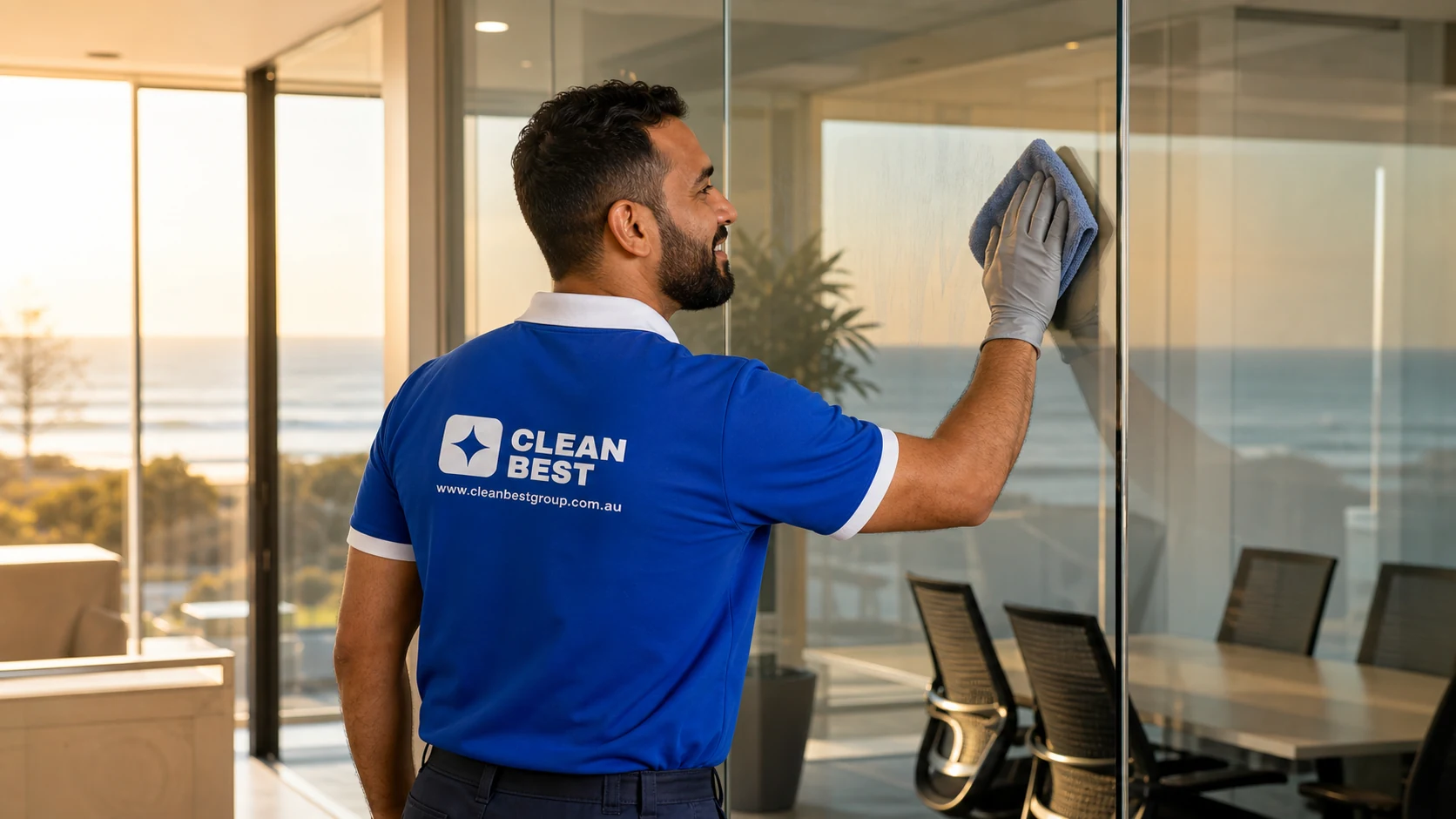 Close detail of a Clean Best cleaner finishing a hard floor edge during a commercial clean in Auburn NSW