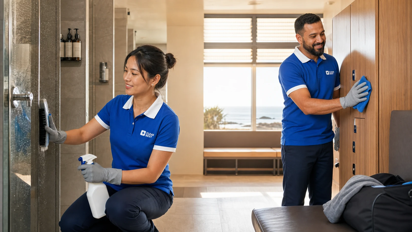 Clean Best cleaner sanitising gym equipment in an Auburn fitness studio NSW