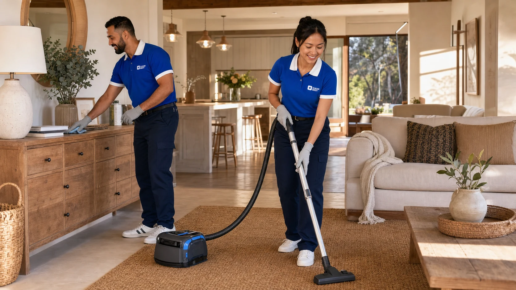 Clean Best cleaner wiping a kitchen benchtop in an Auburn home NSW