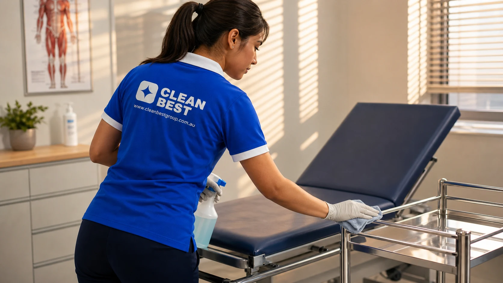 Detail of a Clean Best cleaner disinfecting a treatment room bed and trolley in an Auburn medical centre NSW