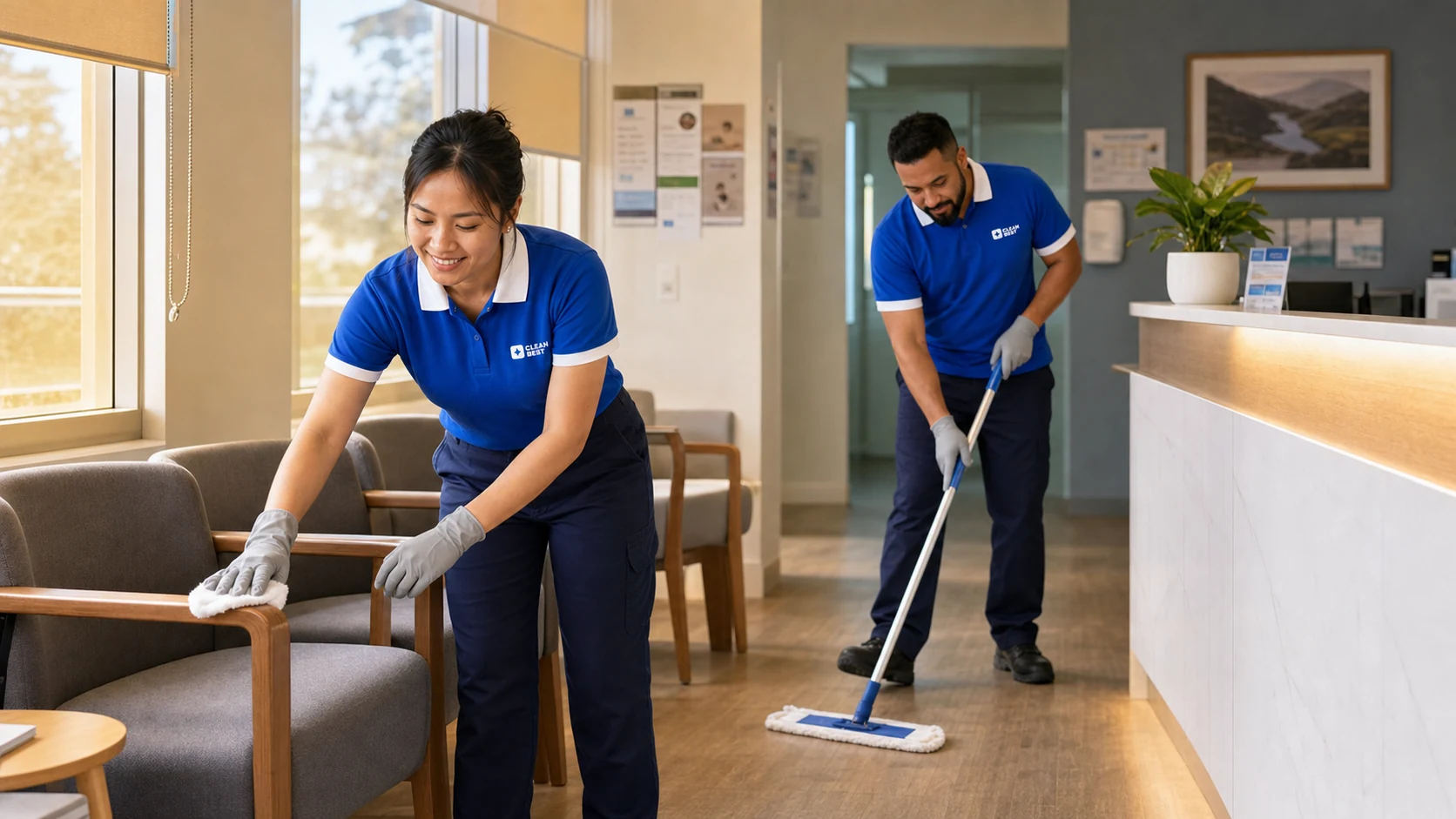 Clean Best cleaner disinfecting the reception counter of a medical centre in Auburn NSW