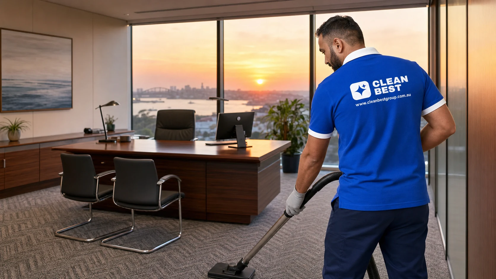Detail of a Clean Best cleaner disinfecting a keyboard and desk touchpoints in an Auburn office NSW