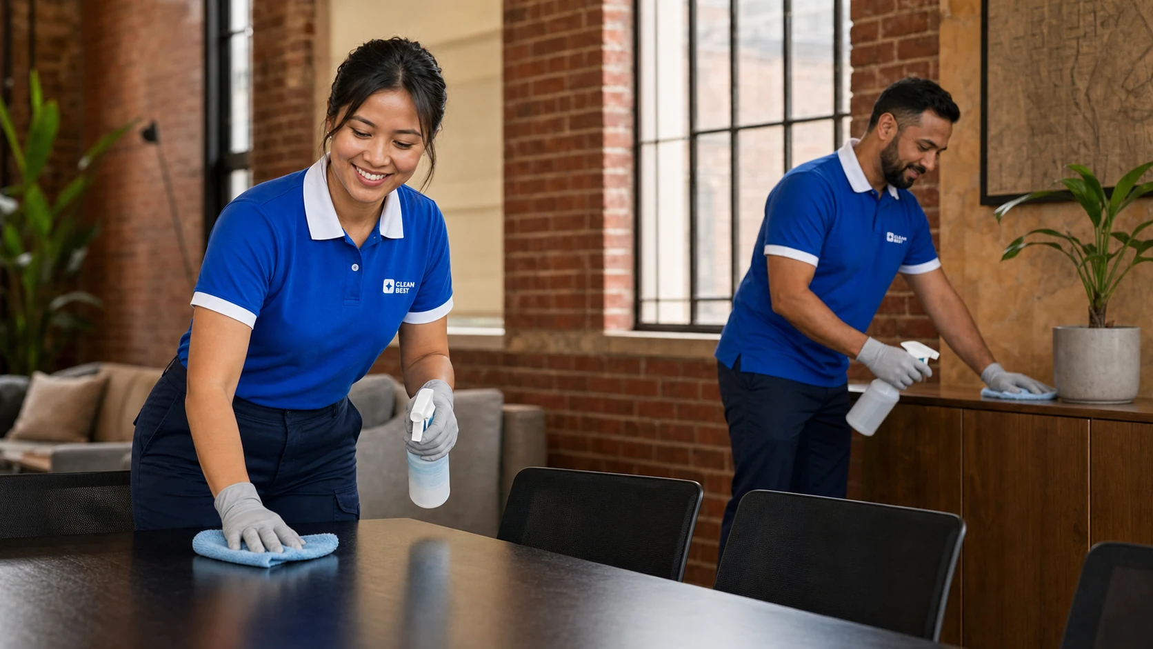 Clean Best cleaner wiping down desks in a small Auburn office after hours in NSW