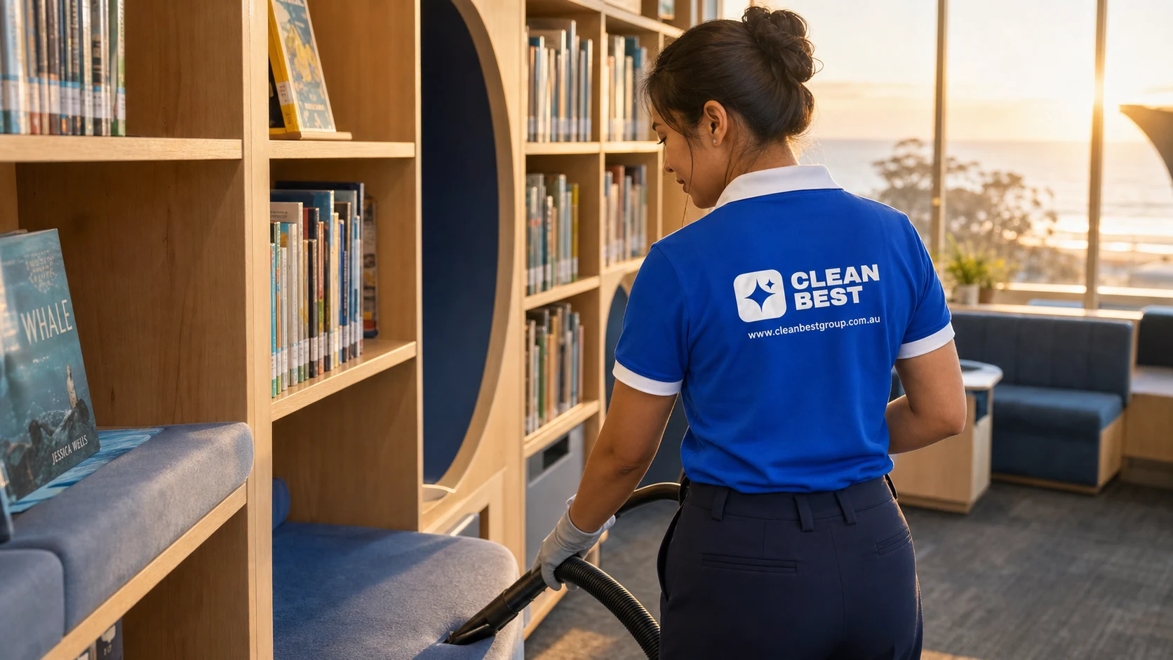 Detail of a Clean Best cleaner disinfecting desks and chair backs in an Auburn classroom NSW