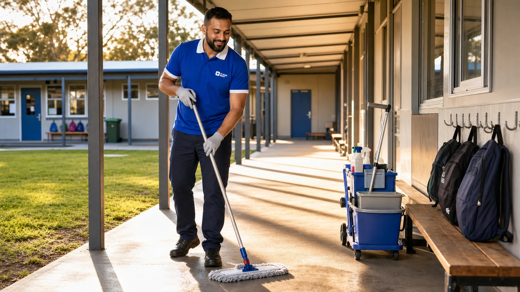Clean Best cleaner mopping a classroom floor at a school in Auburn NSW