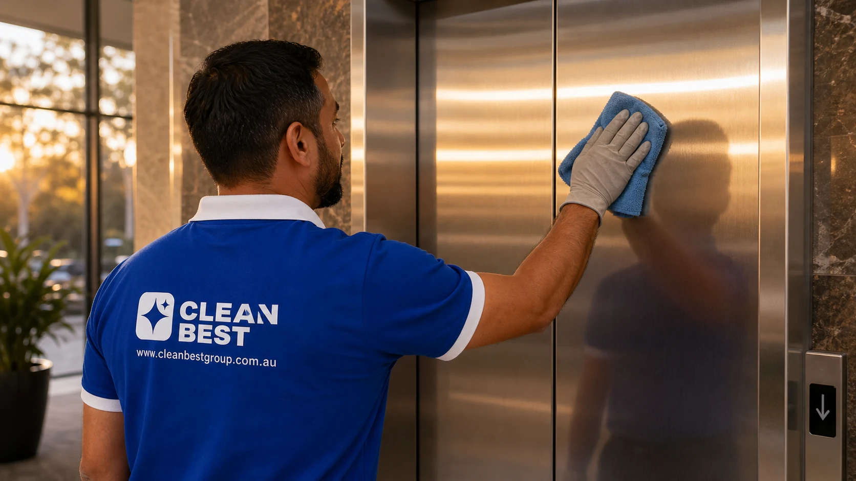 Detail of a Clean Best cleaner wiping lift buttons and door tracks in an Auburn strata building NSW