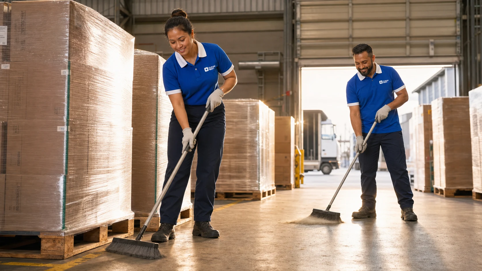 Clean Best operator running a floor scrubber down a warehouse aisle in Auburn NSW